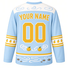Load image into Gallery viewer, Capybara Hot Spring Original Hockey Jersey in Spring Water Blue, back view with your name and number – steam-swirl yoke and yuzu-dot sleeve bands