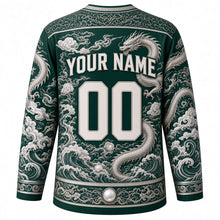 Load image into Gallery viewer, Celestial Dragon Original Hockey Jersey in Imperial Jade, back view with your name and number – dragon-scale yoke and cloud-wave sleeve stripes