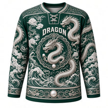Load image into Gallery viewer, Celestial Dragon Original Hockey Jersey in Imperial Jade, front view – serpentine dragon coiling through clouds and waves with pearl crest, custom name and number