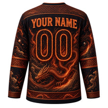 Load image into Gallery viewer, Celestial Dragon Original Hockey Jersey in Onyx Black, back view with your name and number – dragon-scale yoke and cloud-wave sleeve stripes