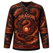 Load image into Gallery viewer, Celestial Dragon Original Hockey Jersey in Onyx Black, front view – serpentine dragon coiling through clouds and waves with pearl crest, custom name and number