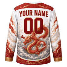 Load image into Gallery viewer, Celestial Dragon Original Hockey Jersey in Pearl White, back view with your name and number – dragon-scale yoke and cloud-wave sleeve stripes