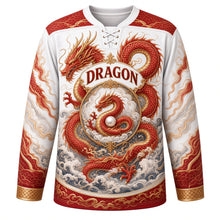 Load image into Gallery viewer, Celestial Dragon Original Hockey Jersey in Pearl White, front view – serpentine dragon coiling through clouds and waves with pearl crest, custom name and number