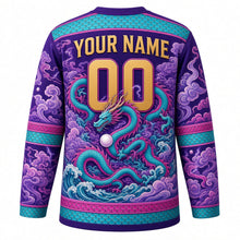 Load image into Gallery viewer, Celestial Dragon Original Hockey Jersey in Royal Violet, back view with your name and number – dragon-scale yoke and cloud-wave sleeve stripes