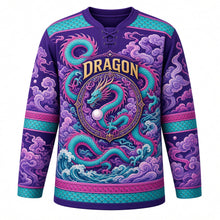 Load image into Gallery viewer, Celestial Dragon Original Hockey Jersey in Royal Violet, front view – serpentine dragon coiling through clouds and waves with pearl crest, custom name and number