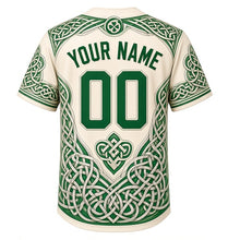 Load image into Gallery viewer, Celtic Knot Heritage Milwaukee Baseball Jersey in Aran Cream, back view with your name and number – Celtic knotwork banded sleeves and yoke