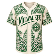Load image into Gallery viewer, Celtic Knot Heritage Milwaukee Baseball Jersey in Aran Cream, front view – intricate Celtic knotwork with shamrocks and triskeles, custom name and number