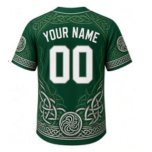Load image into Gallery viewer, Celtic Knot Heritage Milwaukee Baseball Jersey in Emerald Green, back view with your name and number – Celtic knotwork banded sleeves and yoke