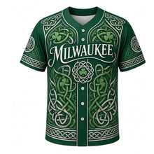 Load image into Gallery viewer, Celtic Knot Heritage Milwaukee Baseball Jersey in Emerald Green, front view – intricate Celtic knotwork with shamrocks and triskeles, custom name and number
