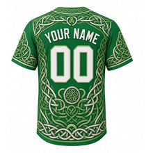 Load image into Gallery viewer, Celtic Knot Heritage Milwaukee Baseball Jersey in Shamrock Green, back view with your name and number – Celtic knotwork banded sleeves and yoke