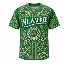 Load image into Gallery viewer, Celtic Knot Heritage Milwaukee Baseball Jersey in Shamrock Green, front view – intricate Celtic knotwork with shamrocks and triskeles, custom name and number