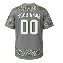 Load image into Gallery viewer, Celtic Knot Heritage Milwaukee Baseball Jersey in Irish Stone Gray, back view with your name and number – Celtic knotwork banded sleeves and yoke