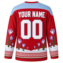 Load image into Gallery viewer, Chalandamarz Original Hockey Jersey in Kerchief Red, back view with custom YOUR NAME and 00