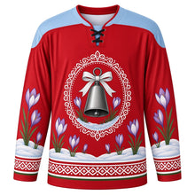 Load image into Gallery viewer, Chalandamarz Original Hockey Jersey in Kerchief Red, front view with themed artwork and clean crest