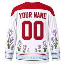 Load image into Gallery viewer, Chalandamarz Original Hockey Jersey in Snow White, back view with custom YOUR NAME and 00