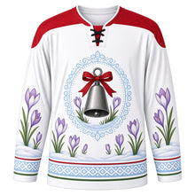 Load image into Gallery viewer, Chalandamarz Original Hockey Jersey in Snow White, front view with themed artwork and clean crest