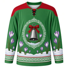 Load image into Gallery viewer, Chalandamarz Original Hockey Jersey in Spring Green, front view with themed artwork and clean crest