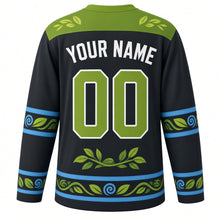 Load image into Gallery viewer, Chameleon Jungle Vine Original Hockey Jersey in Shadow Charcoal, back view with your name and number – leaf-pattern yoke and spiral-tail sleeve stripes