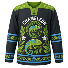 Load image into Gallery viewer, Chameleon Jungle Vine Original Hockey Jersey in Shadow Charcoal, front view – colorful chameleon with curled tail on a winding jungle vine with chameleon crest, custom name and number