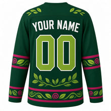 Load image into Gallery viewer, Chameleon Jungle Vine Original Hockey Jersey in Jungle Green, back view with your name and number – leaf-pattern yoke and spiral-tail sleeve stripes