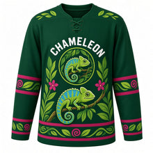 Load image into Gallery viewer, Chameleon Jungle Vine Original Hockey Jersey in Jungle Green, front view – colorful chameleon with curled tail on a winding jungle vine with chameleon crest, custom name and number