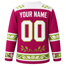 Load image into Gallery viewer, Chameleon Jungle Vine Original Hockey Jersey in Orchid Magenta, back view with your name and number – leaf-pattern yoke and spiral-tail sleeve stripes