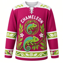 Load image into Gallery viewer, Chameleon Jungle Vine Original Hockey Jersey in Orchid Magenta, front view – colorful chameleon with curled tail on a winding jungle vine with chameleon crest, custom name and number