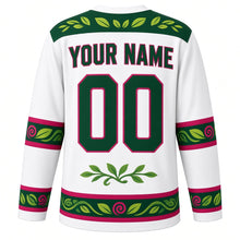 Load image into Gallery viewer, Chameleon Jungle Vine Original Hockey Jersey in Canopy White, back view with your name and number – leaf-pattern yoke and spiral-tail sleeve stripes