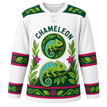 Load image into Gallery viewer, Chameleon Jungle Vine Original Hockey Jersey in Canopy White, front view – colorful chameleon with curled tail on a winding jungle vine with chameleon crest, custom name and number
