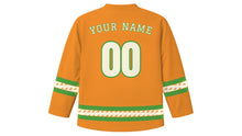 Load image into Gallery viewer, Cheese Rolling Festival Original Hockey Jersey in Cheddar Orange, back view with your name and number