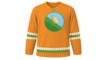 Load image into Gallery viewer, Cheese Rolling Festival Original Hockey Jersey in Cheddar Orange, front view – custom name and number