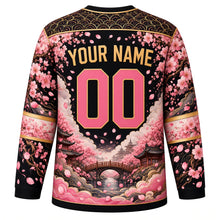 Load image into Gallery viewer, Cherry Blossom Garden Original Hockey Jersey in Ink Night, back view with your name and number – petal lattice yoke and blossom-branch sleeve stripes
