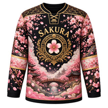 Load image into Gallery viewer, Cherry Blossom Garden Original Hockey Jersey in Ink Night, front view – cherry blossom branches, misty garden bridge and blossom medallion crest, custom name and number