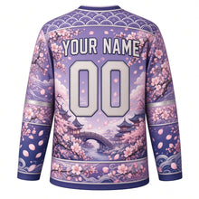 Load image into Gallery viewer, Cherry Blossom Garden Original Hockey Jersey in Twilight Lavender, back view with your name and number – petal lattice yoke and blossom-branch sleeve stripes