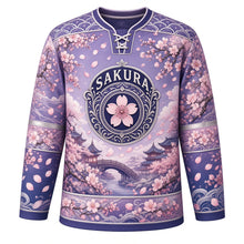 Load image into Gallery viewer, Cherry Blossom Garden Original Hockey Jersey in Twilight Lavender, front view – cherry blossom branches, misty garden bridge and blossom medallion crest, custom name and number