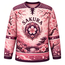 Load image into Gallery viewer, Cherry Blossom Garden Original Hockey Jersey in Sakura Pink, front view – cherry blossom branches, misty garden bridge and blossom medallion crest, custom name and number