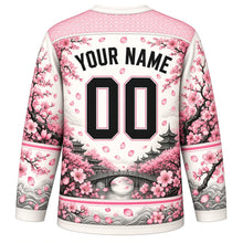 Load image into Gallery viewer, Cherry Blossom Garden Original Hockey Jersey in Spring White, back view with your name and number – petal lattice yoke and blossom-branch sleeve stripes