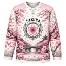 Load image into Gallery viewer, Cherry Blossom Garden Original Hockey Jersey in Spring White, front view – cherry blossom branches, misty garden bridge and blossom medallion crest, custom name and number