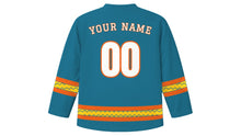 Load image into Gallery viewer, Chhath Puja Original Hockey Jersey in River Blue, back view with your name and number