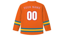Load image into Gallery viewer, Chhath Puja Original Hockey Jersey in Sunset Orange, back view with your name and number