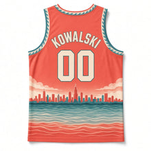 Load image into Gallery viewer, Chicago Lakefront Skyline Original Basketball Jersey in Sunset Coral, back view with your name and number