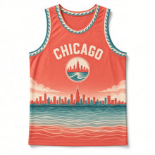 Load image into Gallery viewer, Chicago Lakefront Skyline Original Basketball Jersey in Sunset Coral, front view – custom name and number