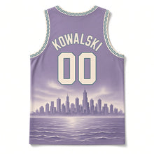 Load image into Gallery viewer, Chicago Lakefront Skyline Original Basketball Jersey in Dusk Lilac, back view with your name and number