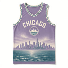 Load image into Gallery viewer, Chicago Lakefront Skyline Original Basketball Jersey in Dusk Lilac, front view – custom name and number