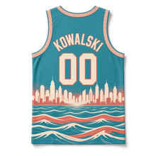 Load image into Gallery viewer, Chicago Lakefront Skyline Original Basketball Jersey in Lake Teal, back view with your name and number