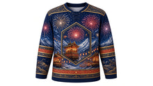 Load image into Gallery viewer, Chichibu Night Festival Original Hockey Jersey in Winter Night, front view with detailed full-body artwork and ornate crest