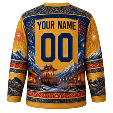 Load image into Gallery viewer, Chichibu Night Festival Original Hockey Jersey in Firework Gold, back view with custom YOUR NAME and 00