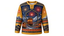 Load image into Gallery viewer, Chichibu Night Festival Original Hockey Jersey in Firework Gold, front view with detailed full-body artwork and ornate crest