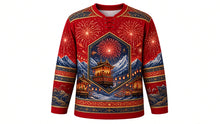 Load image into Gallery viewer, Chichibu Night Festival Original Hockey Jersey in Lantern Red, front view with detailed full-body artwork and ornate crest