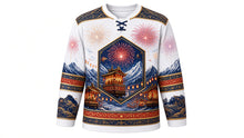 Load image into Gallery viewer, Chichibu Night Festival Original Hockey Jersey in Snow White, front view with detailed full-body artwork and ornate crest